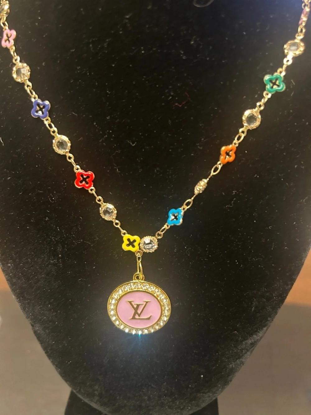 Gold-Tone Multicolor Flower Charm Necklace with Pink Logo Medallion& bracelet - Picture 1 of 5